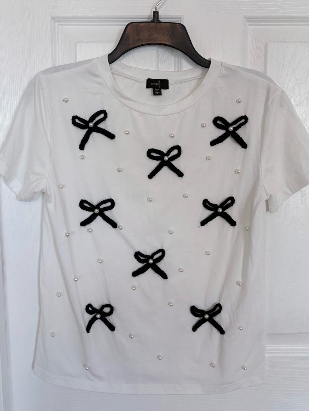 White Short Sleeve Tee with Black Bow & Pearl Accents